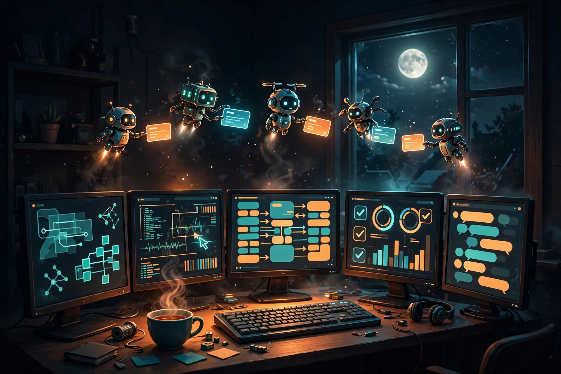 Five small robots flying above a night-time desk with five monitors, passing glowing task cards between them while a cup of tea steams beside the keyboard and moonlight comes through the window