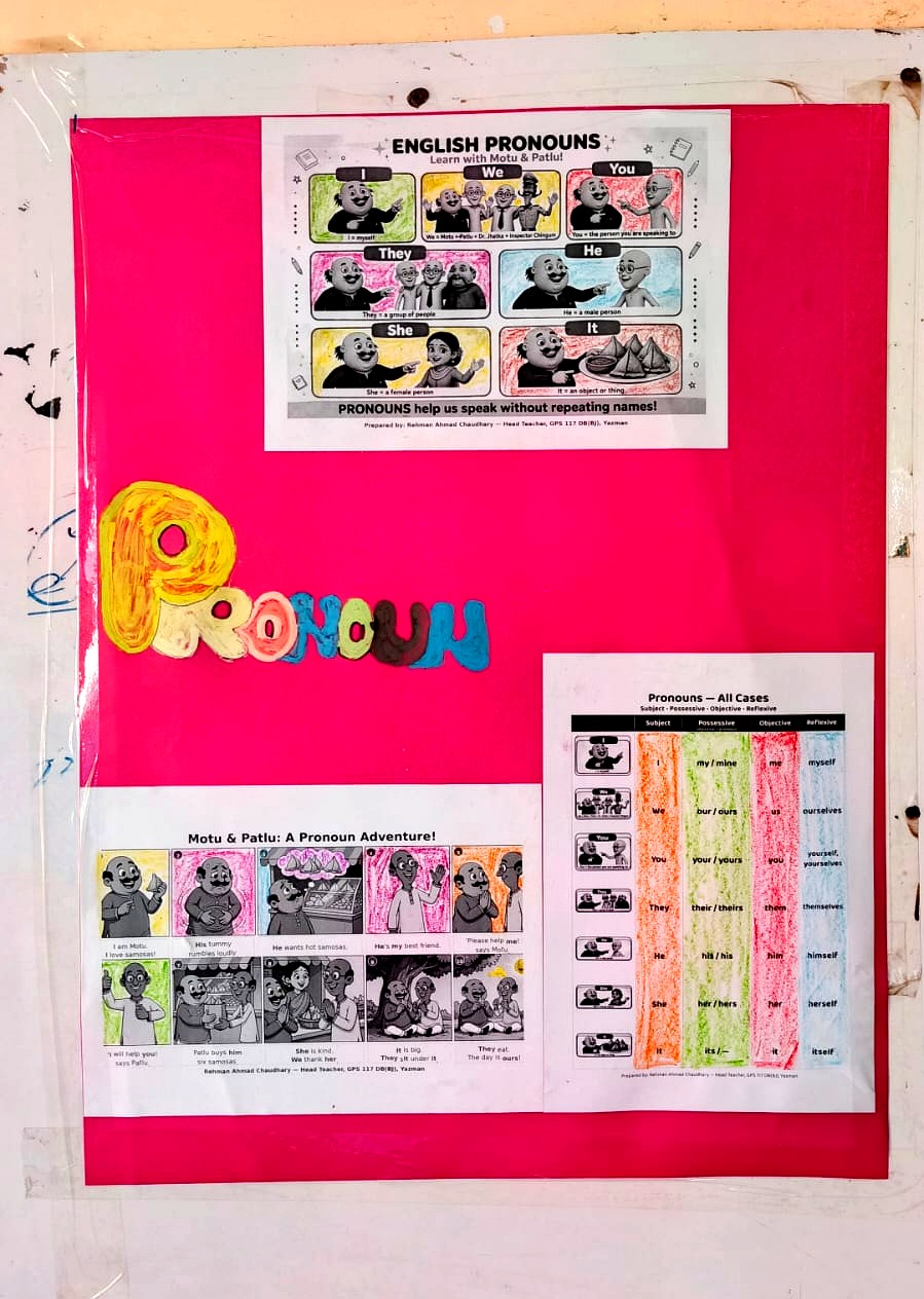 Classroom pronoun chart made from black-and-white A4 prints, coloured with crayons by children and pasted on a chart board