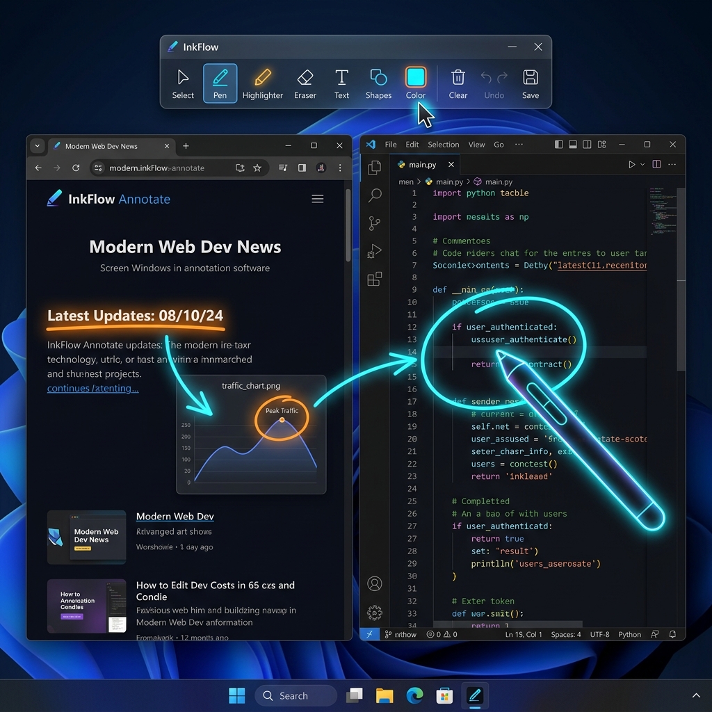 Windows 11 screen with colorful pen strokes and shapes demonstrating on-screen drawing and annotation.