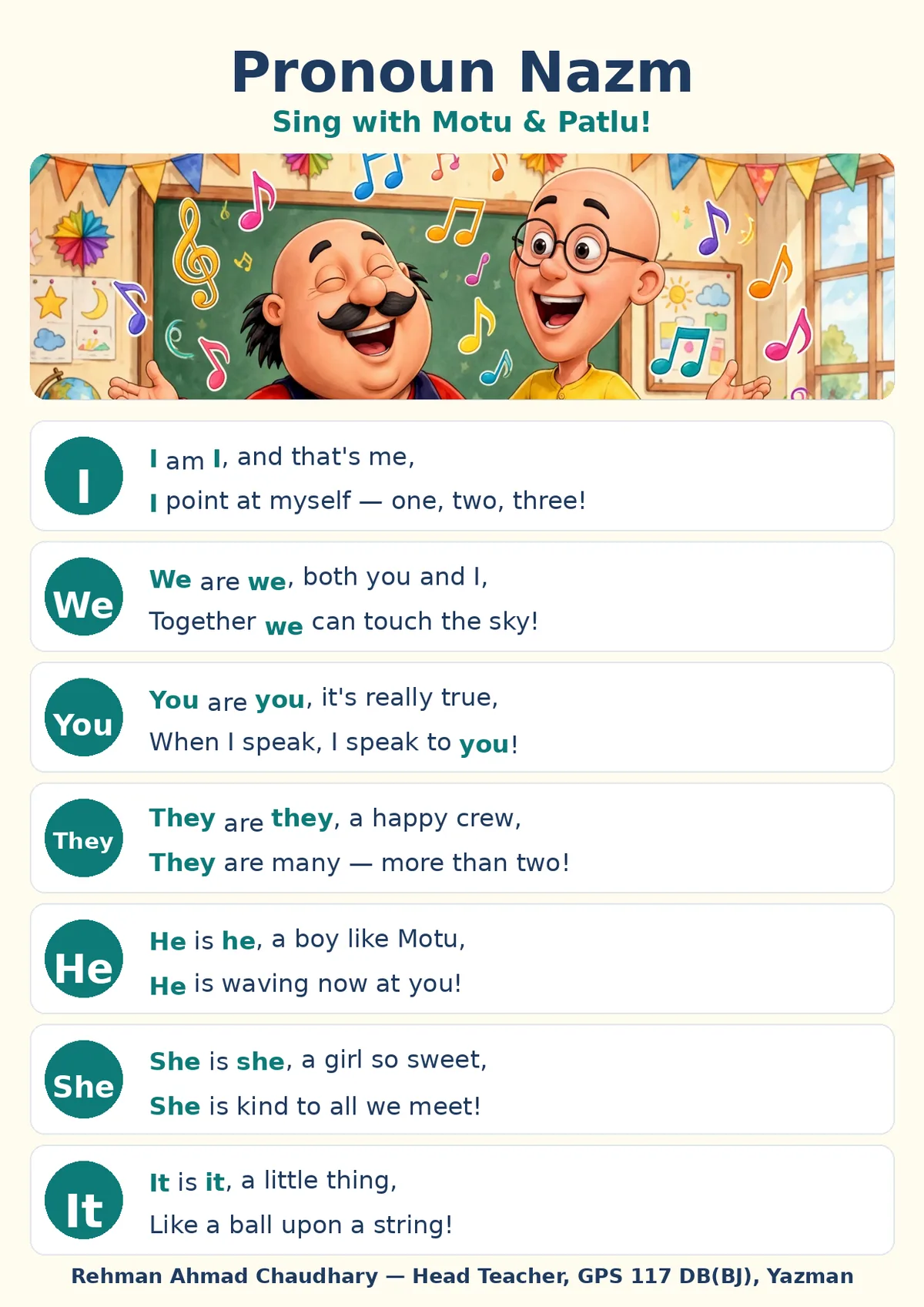 Pronoun nazm poster for kids with seven rhyming verses for classroom singing