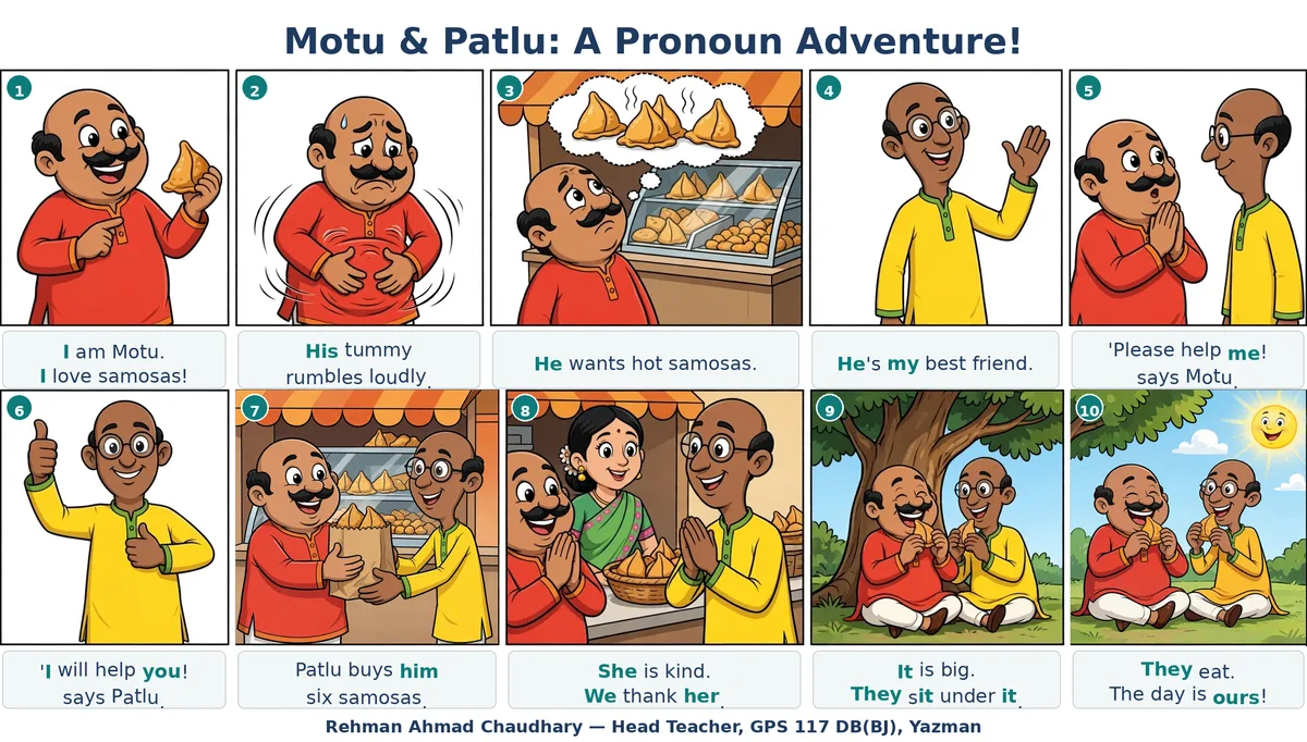 Motu Patlu pronoun story comic strip with 10 scenes for classroom reading