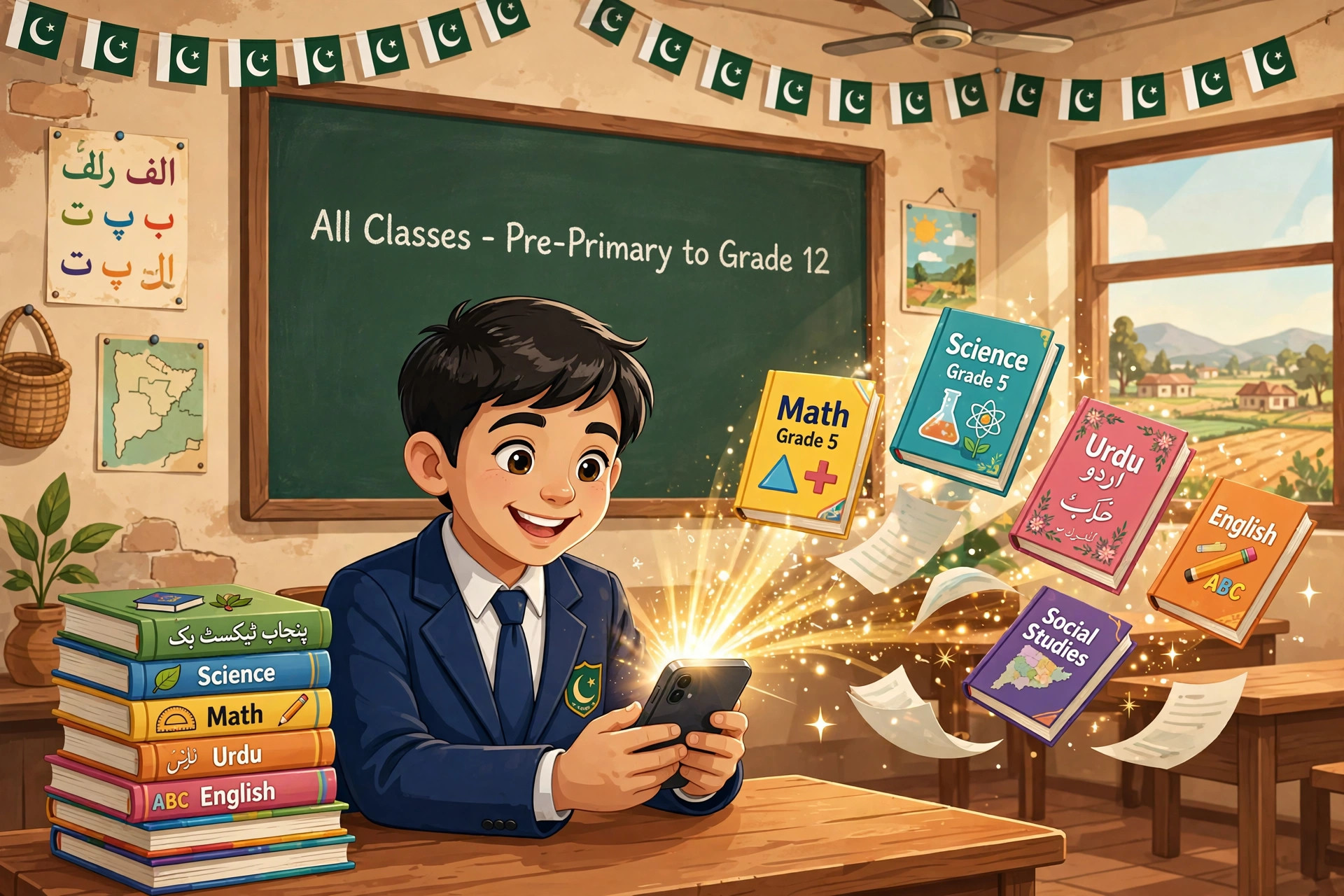 A Pakistani school student in uniform reading a textbook on a smartphone in a rural classroom, with Math, Science, Urdu, English and Social Studies book covers glowing out of the phone screen and a chalkboard reading All Classes - Pre-Primary to Grade 12