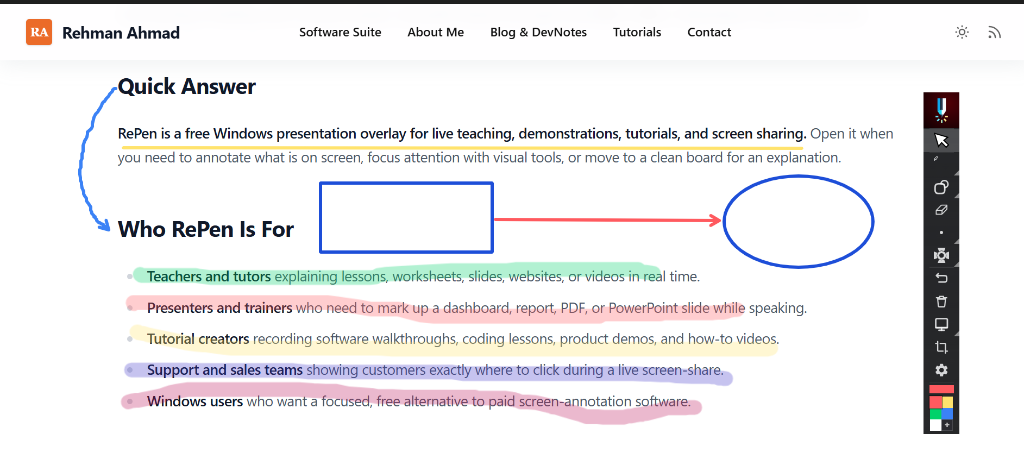RePen drawing over a Windows application with a pen, highlighter, arrows, a rectangle, and a circle