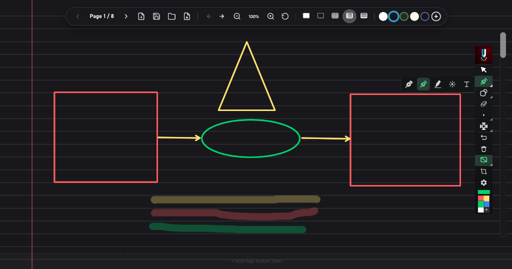 RePen Board Mode showing a ruled blackboard template with custom drawings of flowchart shapes (boxes, arrows, triangles) and math graphs.