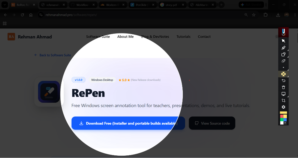 RePen spotlight focus tool displaying a circular highlighted spotlight zone on the hero text while dimming the rest of the page.