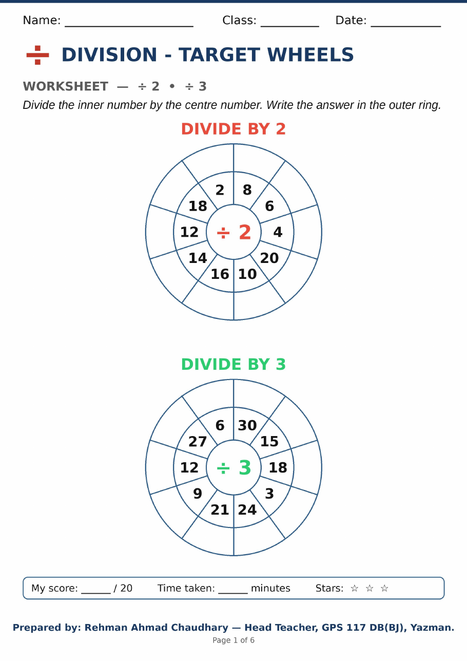 Division target wheels worksheet preview — the divide by 2 and divide by 3 wheels