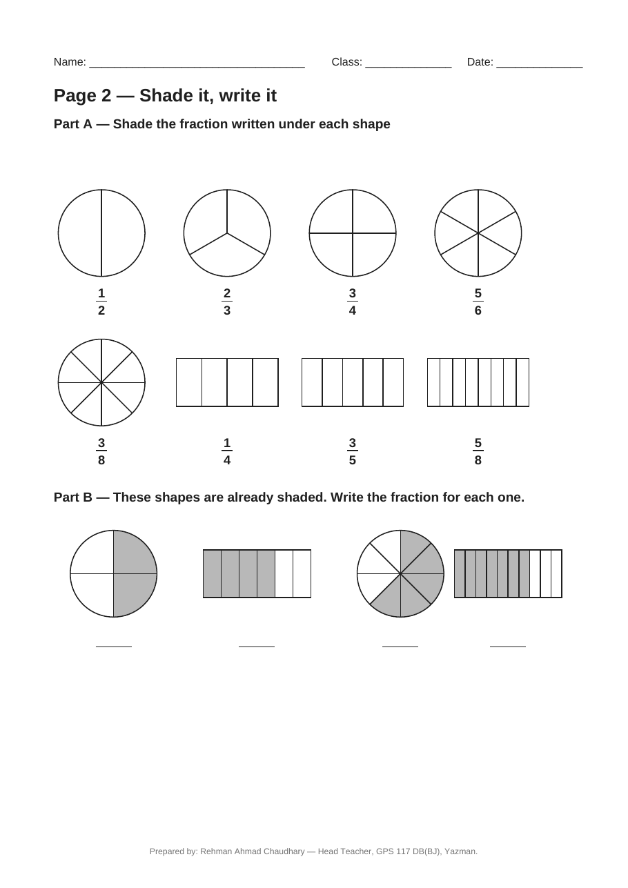 Fractions worksheet preview — page 2, shade the fraction and write the fraction