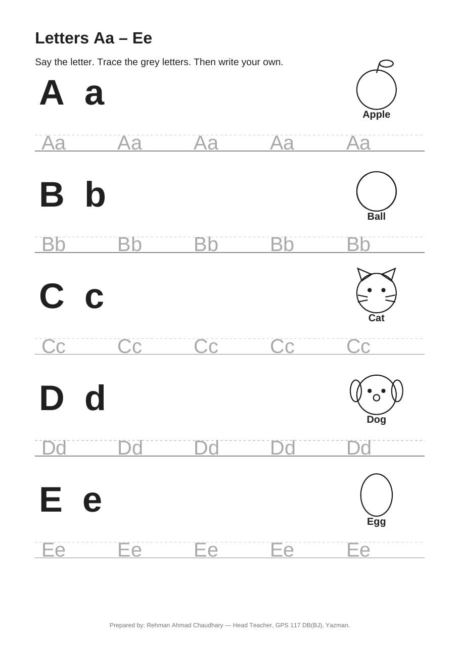 Preview of the Grade 1 starter pack: the letters Aa to Ee page, with big letter pairs, a picture for each letter and grey letters to trace