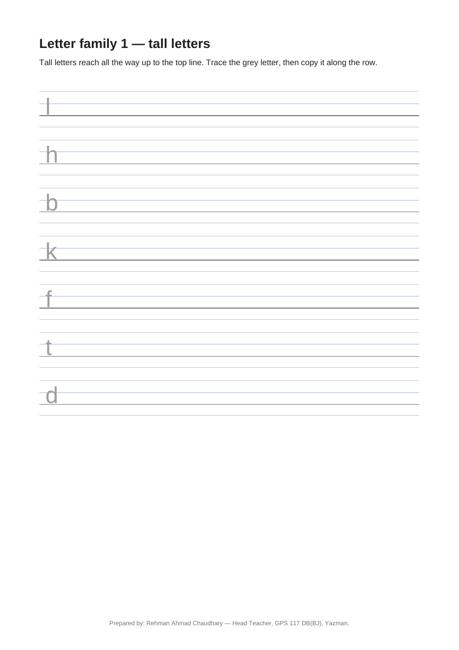 Preview of the handwriting practice pack: a guided row for each tall letter, with the first letter printed in grey for tracing