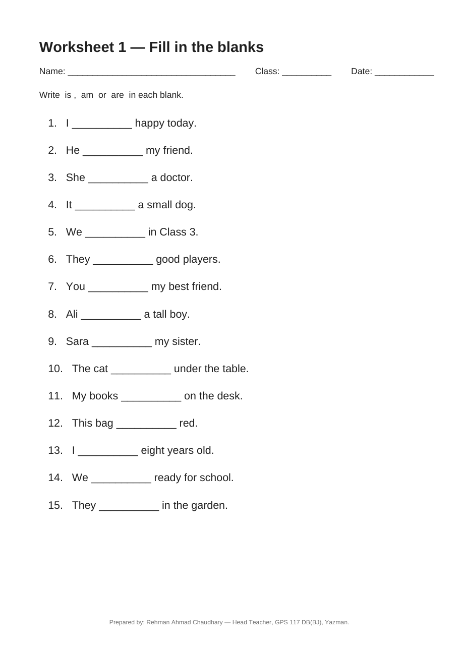 Is, Am, Are worksheet — fill in the blanks page