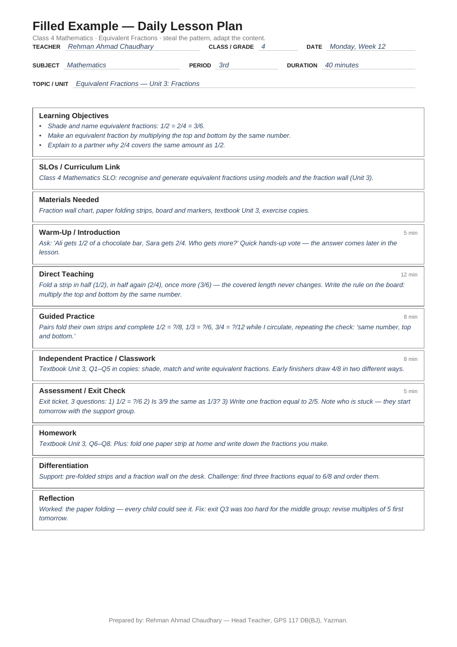 A filled daily lesson plan example for Class 4 Mathematics on equivalent fractions