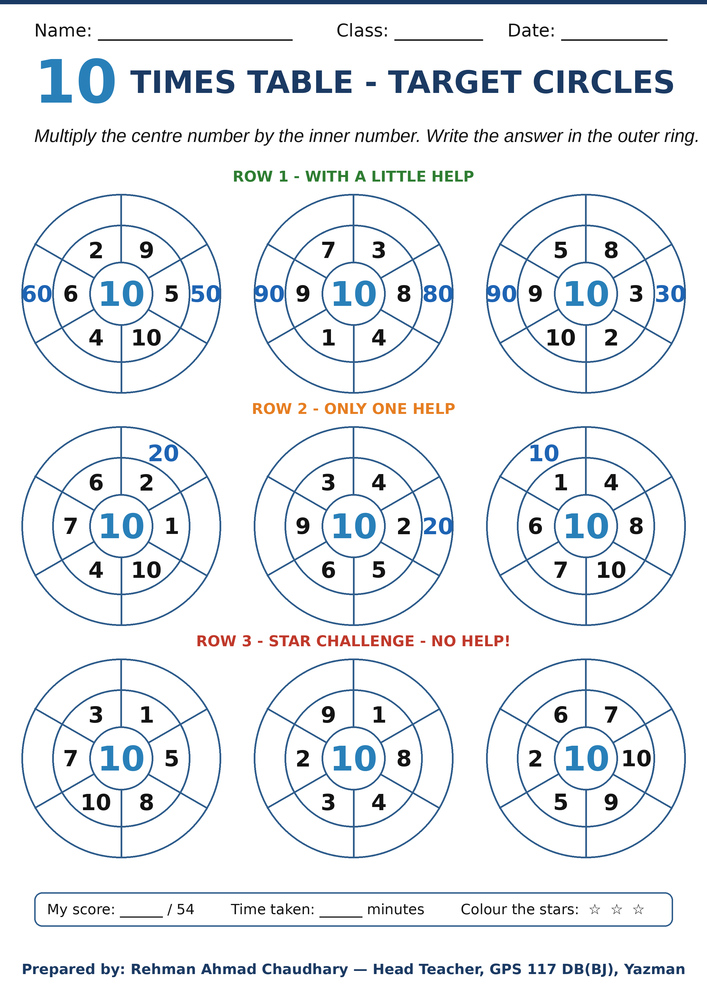 10 Times Table Worksheet — Free Printable Target Circles (with Answer Key)
