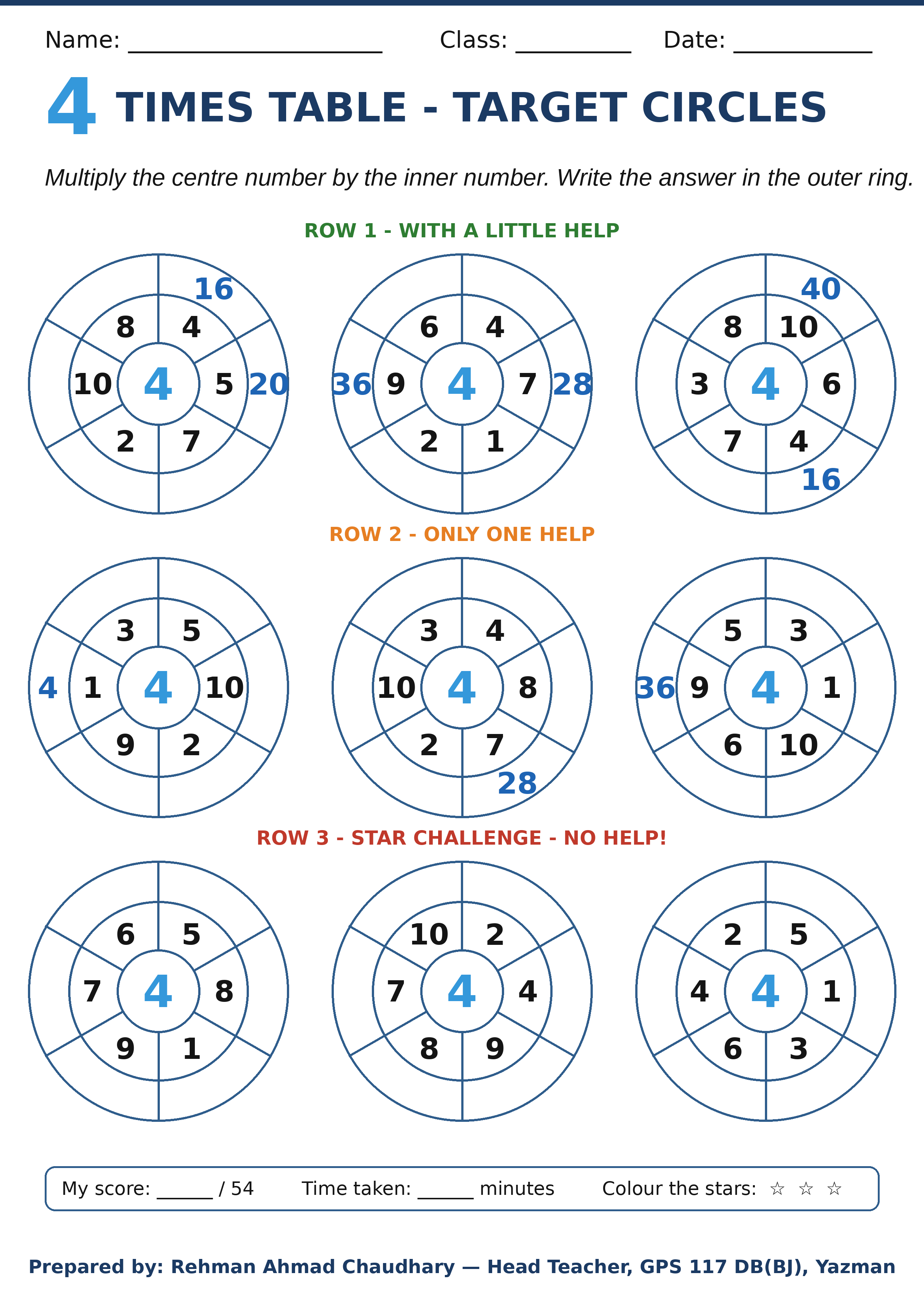 4 Times Table Worksheet — Free Printable Target Circles (with Answer Key)