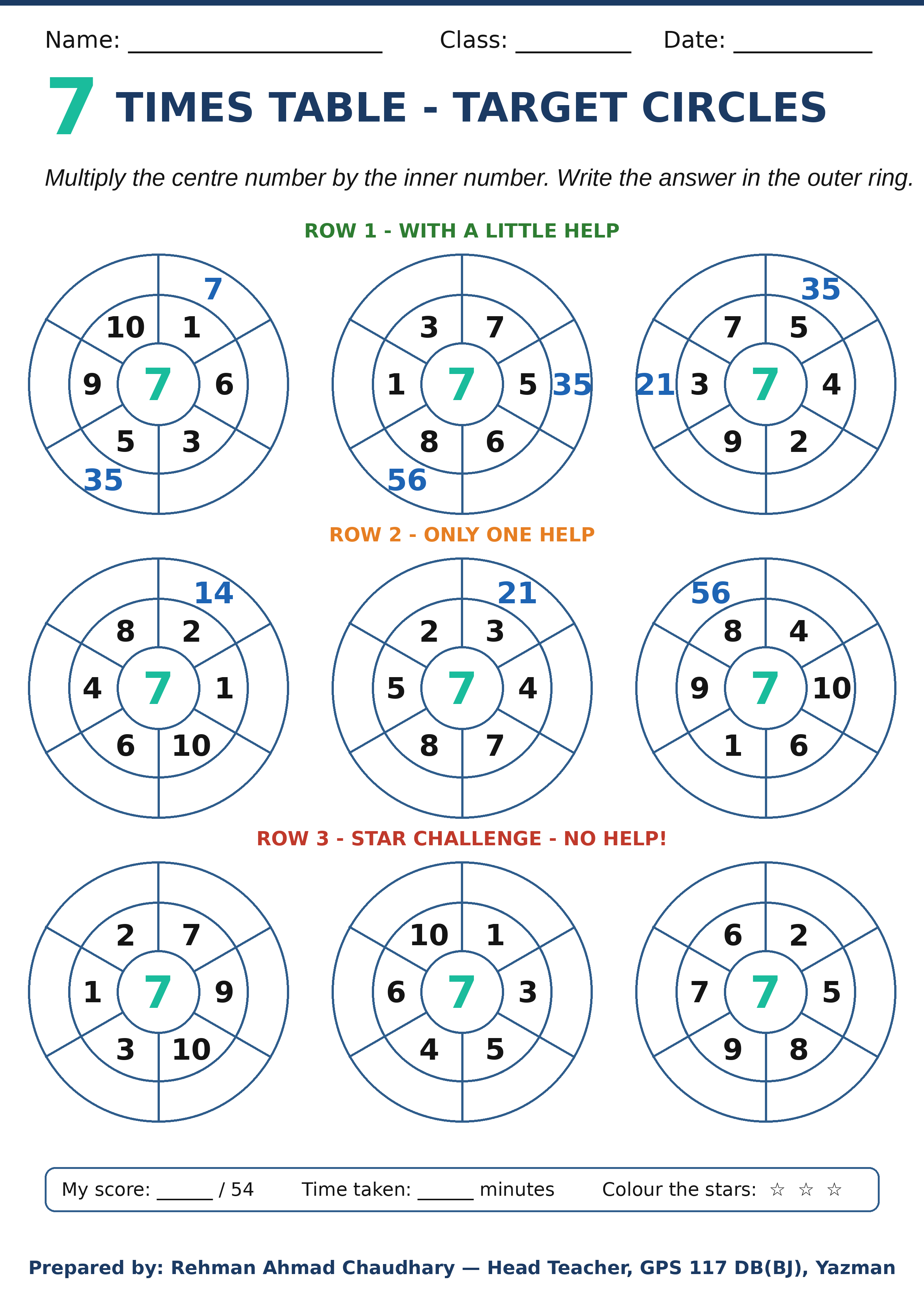 7 times table target circles worksheet with nine multiplication wheels and fading help rows