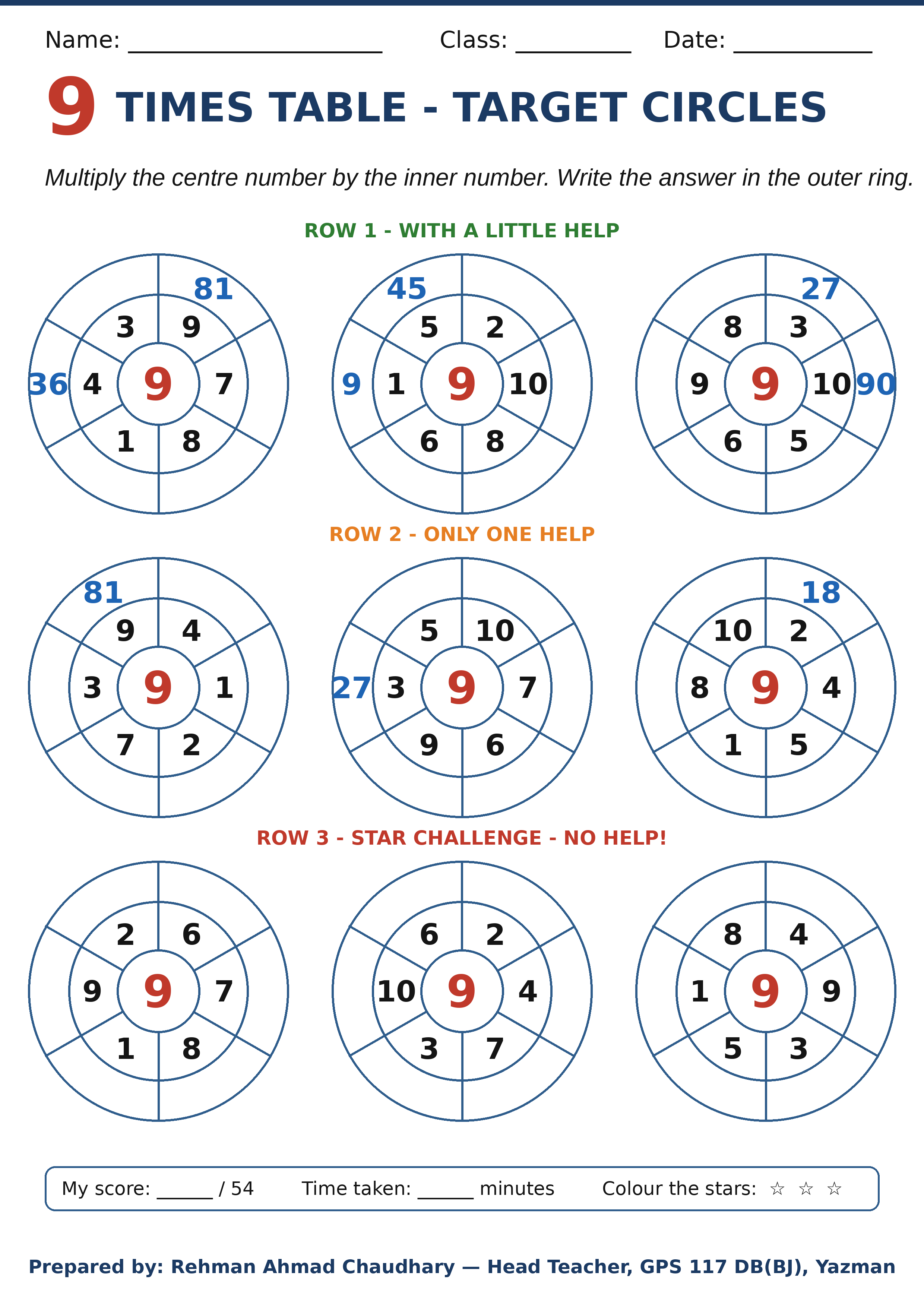 9 times table target circles worksheet with nine mixed-order multiplication wheels and fading help rows